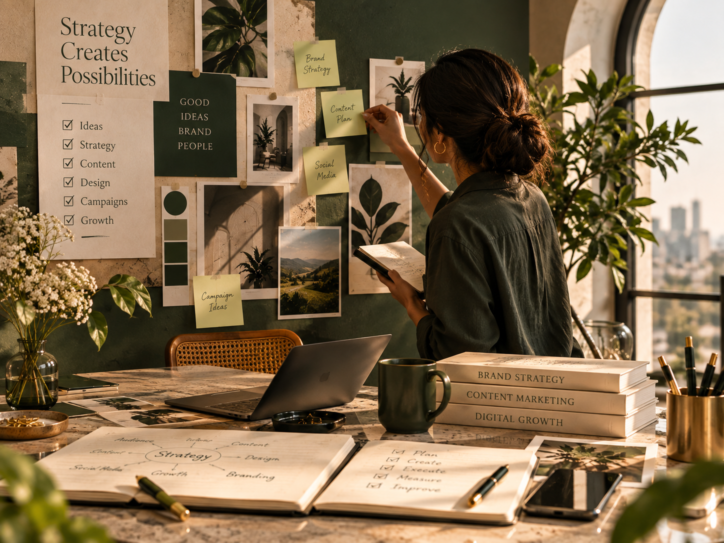 Creative digital marketing strategy workspace showing branding content and business growth planning
