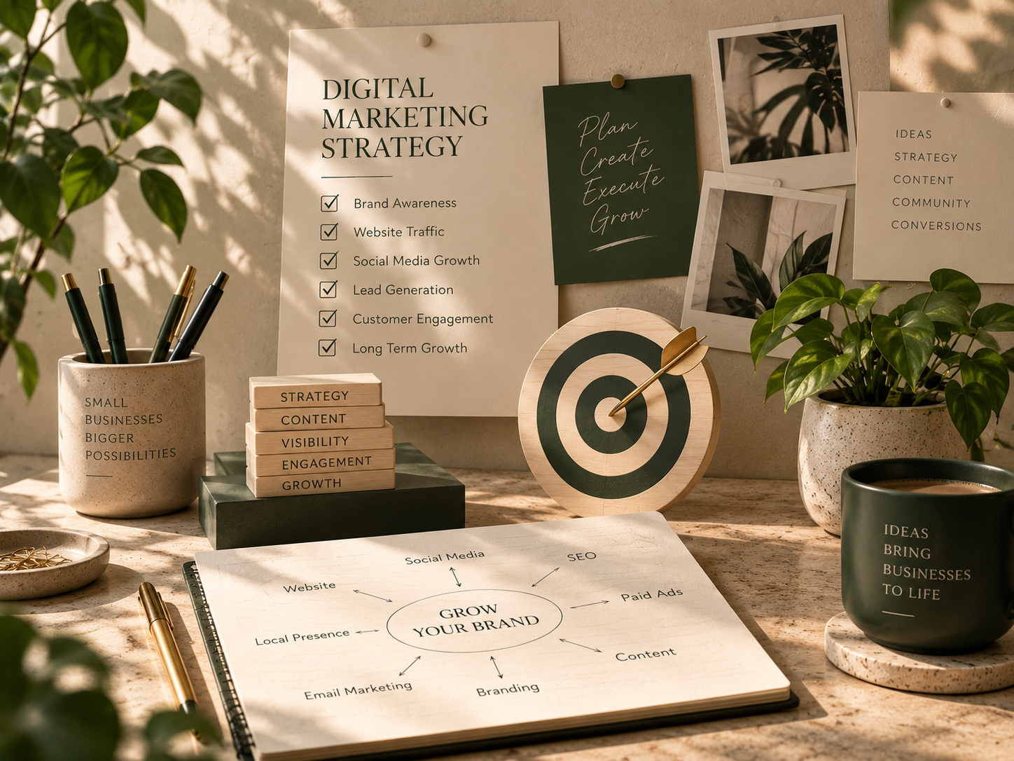 Digital marketing strategy moodboard showing local presence SEO social media branding and business growth