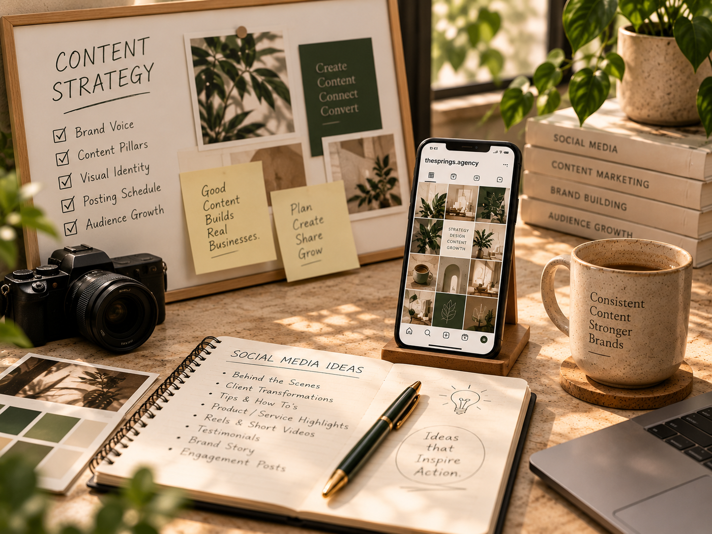 Content strategy workspace showing social media ideas branding and content planning