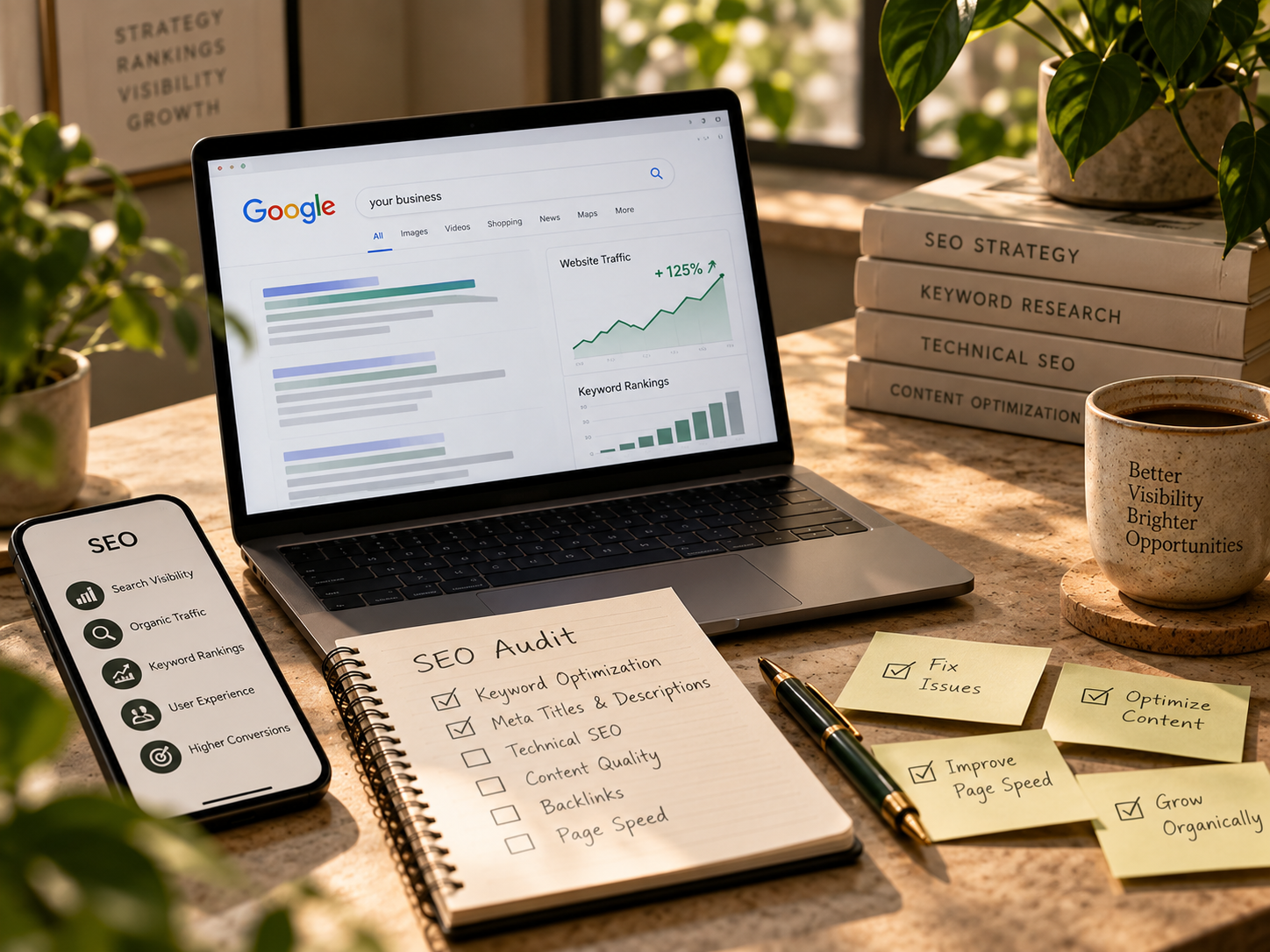 SEO strategy workspace showing website analytics keyword rankings and SEO audit
