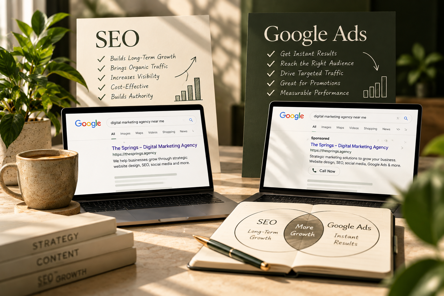 SEO and Google Ads compared as digital marketing growth strategies