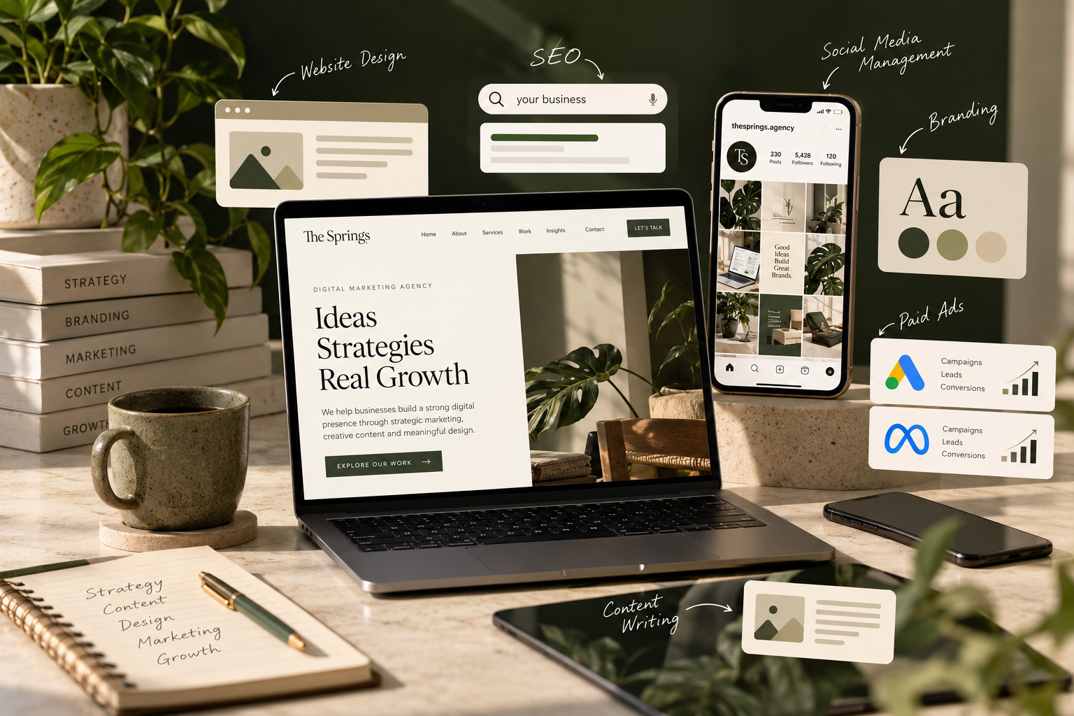 Digital marketing agency services including website design SEO social media and branding